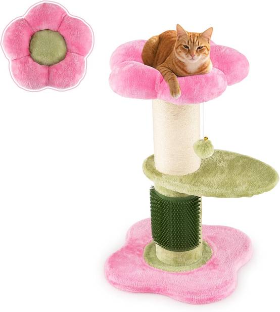 Petit Arbre à Chat Fleur 69 cm, 2 Plateformes, Ø13 cm Poteau à Griffer en Sisal, Brosse d'Toilettage, Arbre a Chat Design à 3 Niveaux, Pompon Suspendu - Image 1