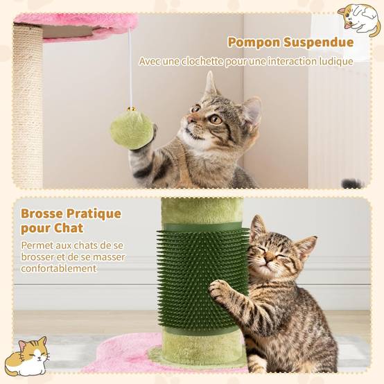 Petit Arbre à Chat Fleur 69 cm, 2 Plateformes, Ø13 cm Poteau à Griffer en Sisal, Brosse d'Toilettage, Arbre a Chat Design à 3 Niveaux, Pompon Suspendu - Image 5