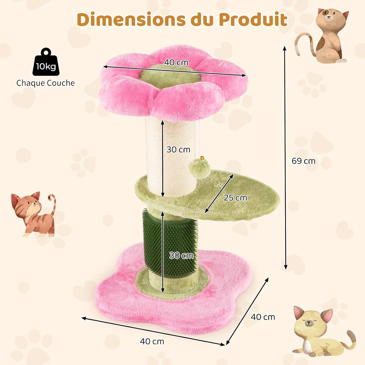 Petit Arbre à Chat Fleur 69 cm, 2 Plateformes, Ø13 cm Poteau à Griffer en Sisal, Brosse d'Toilettage, Arbre a Chat Design à 3 Niveaux, Pompon Suspendu - Image 4