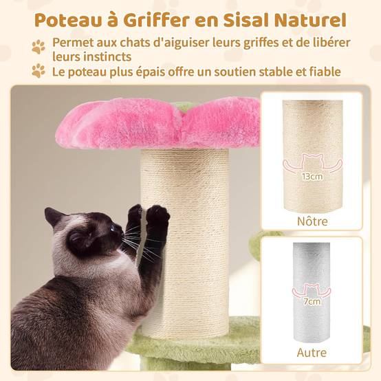 Petit Arbre à Chat Fleur 69 cm, 2 Plateformes, Ø13 cm Poteau à Griffer en Sisal, Brosse d'Toilettage, Arbre a Chat Design à 3 Niveaux, Pompon Suspendu - Image 3