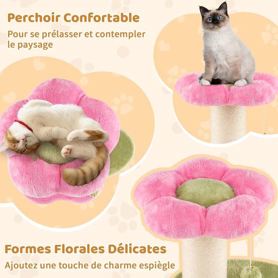 Petit Arbre à Chat Fleur 69 cm, 2 Plateformes, Ø13 cm Poteau à Griffer en Sisal, Brosse d'Toilettage, Arbre a Chat Design à 3 Niveaux, Pompon Suspendu - Image 2