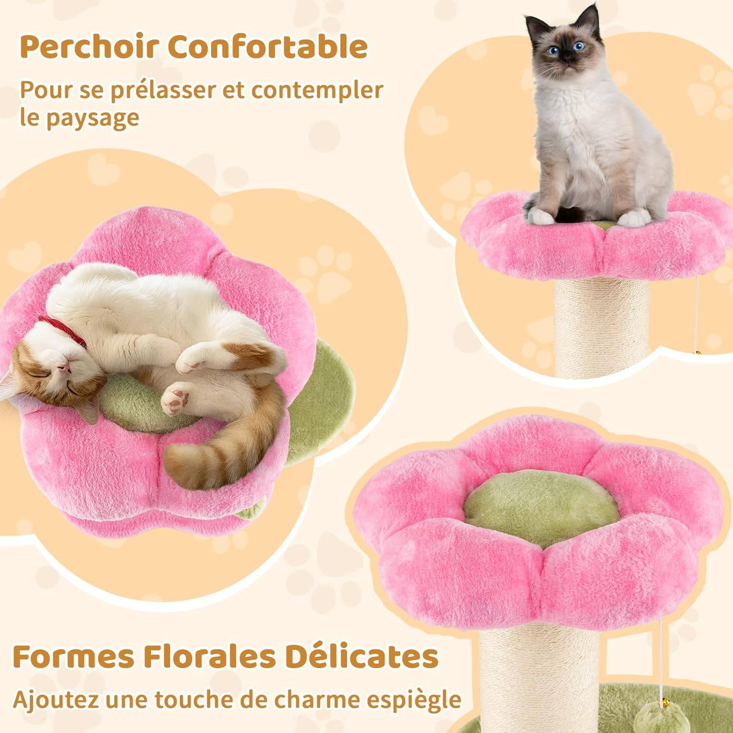 Petit Arbre à Chat Fleur 69 cm, 2 Plateformes, Ø13 cm Poteau à Griffer en Sisal, Brosse d'Toilettage, Arbre a Chat Design à 3 Niveaux, Pompon Suspendu - Image 2
