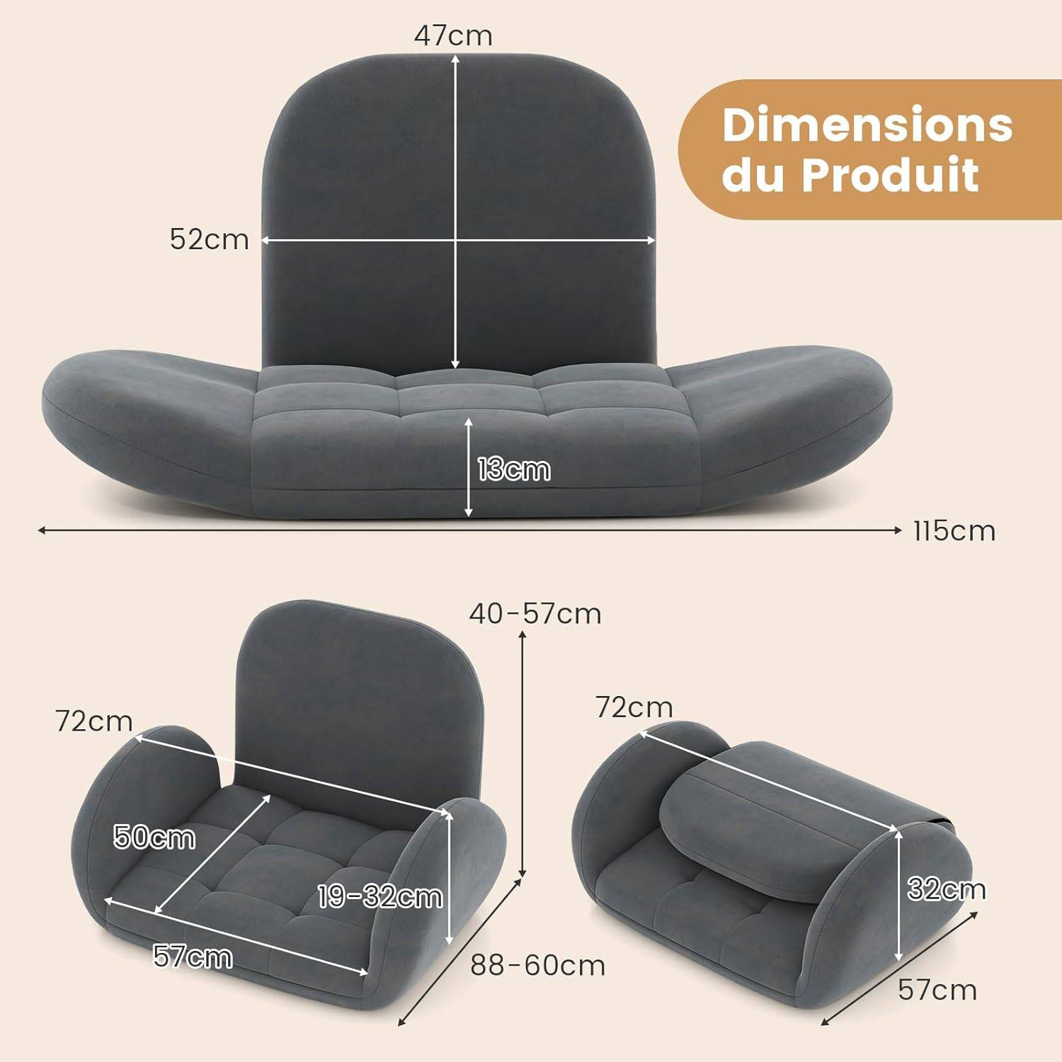 Chaise De Sol Pliante Réglable à 4 Positions Chaise De Sol Avec Tête Réglable à 5 Positions Et Poche Laterale Gris