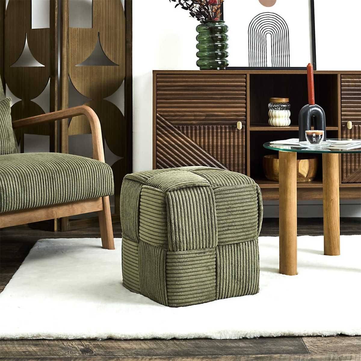Pouf cube en velours côtelé tressé coloris vert - AMORY - Image 2