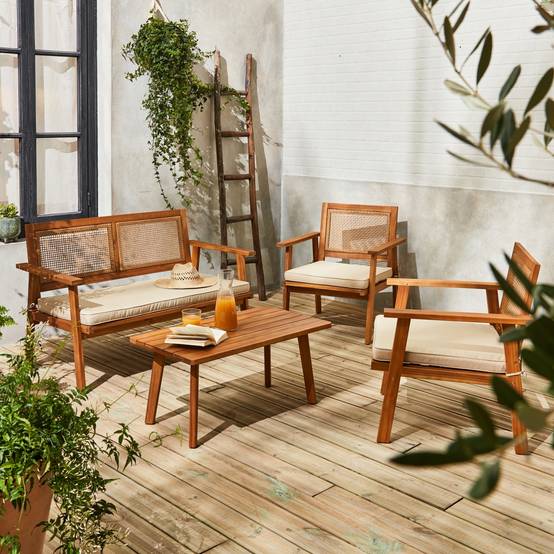 sweeek - Salon de jardin. Bohémia. cannage carré. canapé 2 places. 2 fauteuils. 1 table basse 117x64x74 cm | sweeek - Image 1