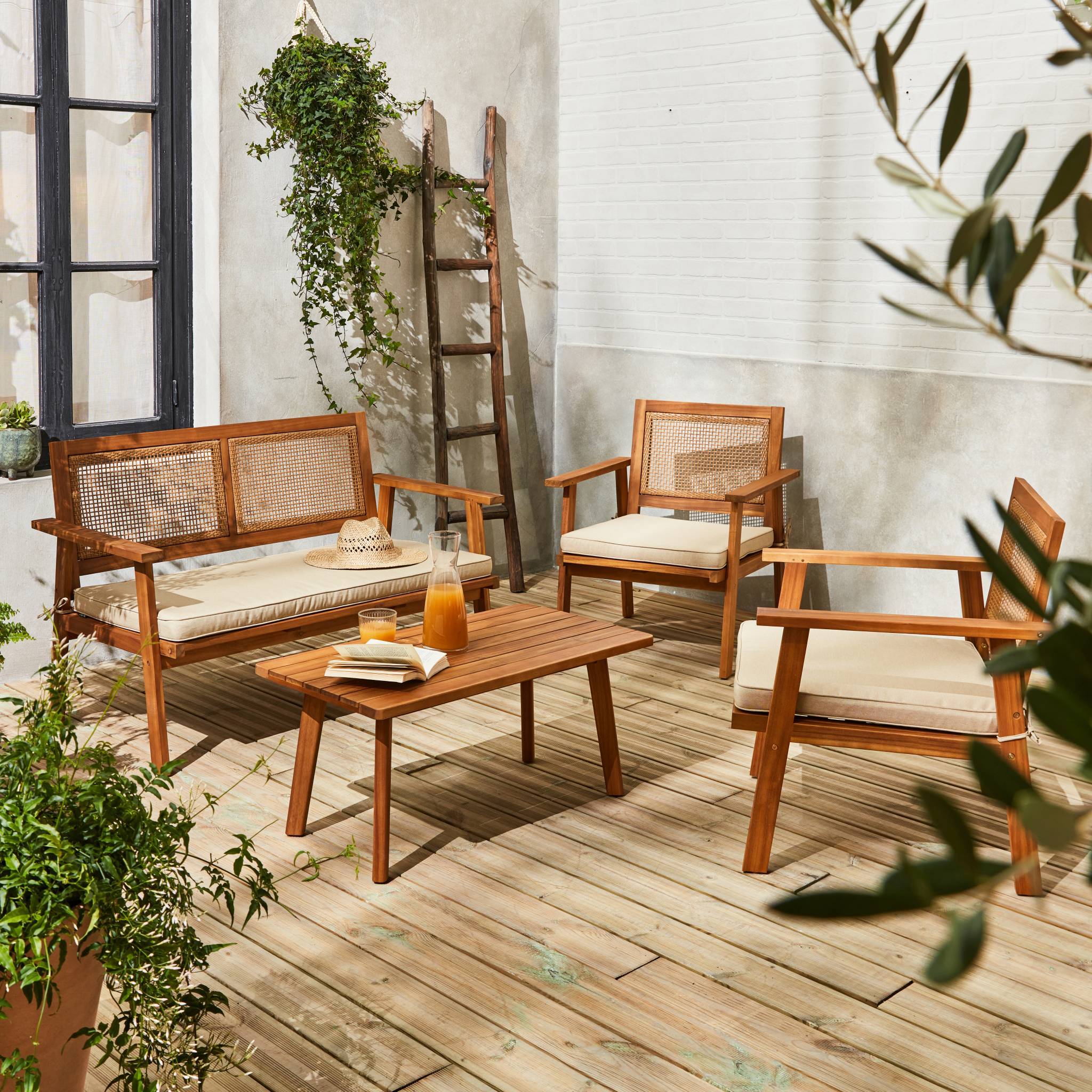 sweeek - Salon de jardin. Bohémia. cannage carré. canapé 2 places. 2 fauteuils. 1 table basse 117x64x74 cm | sweeek - Image 3
