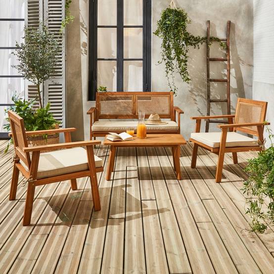 sweeek - Salon de jardin. Bohémia. cannage carré. canapé 2 places. 2 fauteuils. 1 table basse 117x64x74 cm | sweeek - Image 1