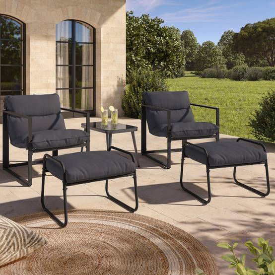 Lot de 2 fauteuils de jardin MARCO avec repose pieds gris coussin gris anthracite - Image 1