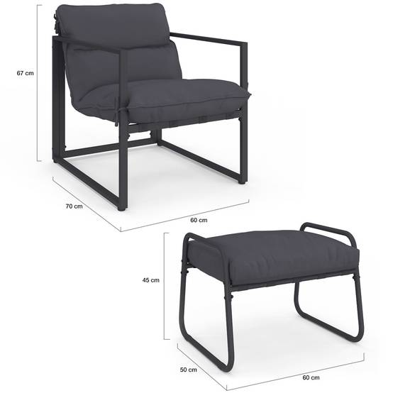 Lot de 2 fauteuils de jardin MARCO avec repose pieds gris coussin gris anthracite - Image 6