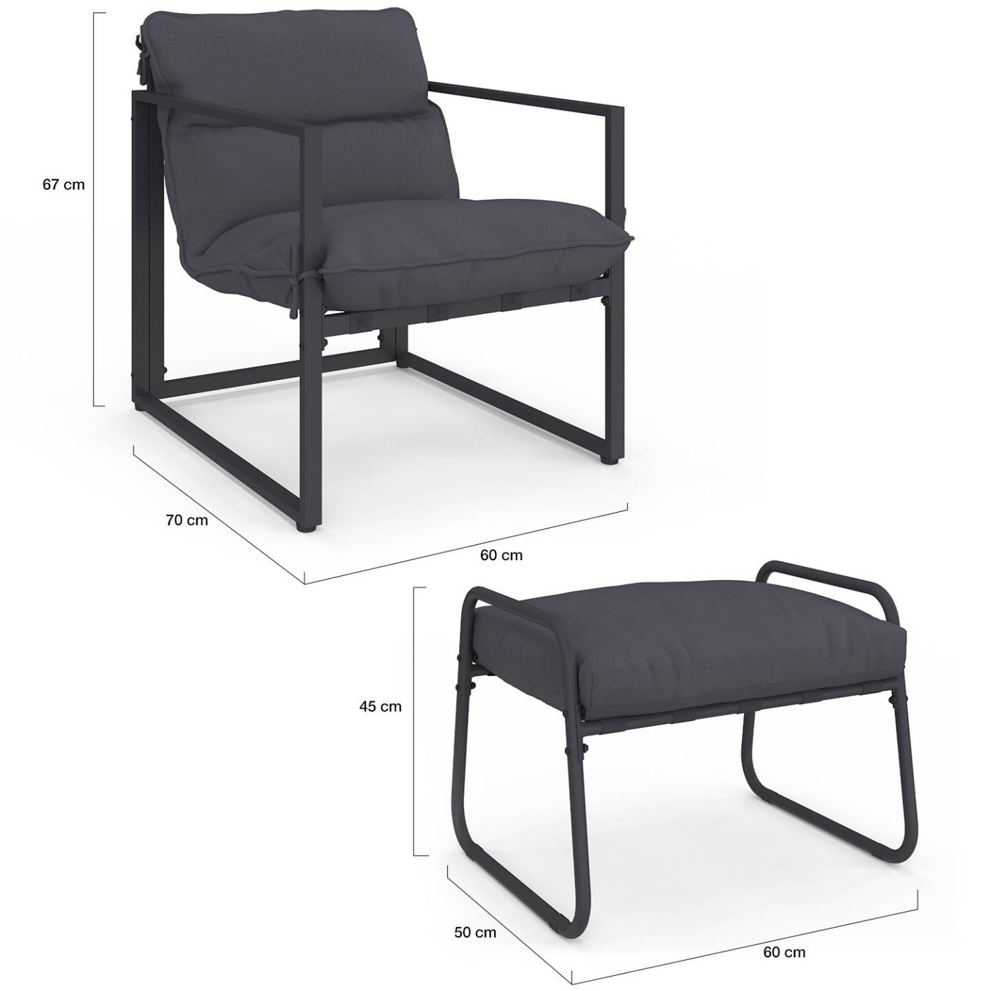 Lot de 2 fauteuils de jardin MARCO avec repose pieds gris coussin gris anthracite - Image 6