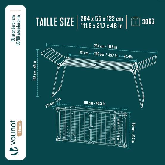Vounot - Étendoir à linge extensible pliable métal renforcée 284x55x122cm, Séchoir télescopique grande capacité, Noir, VOUNOT® - Image 3