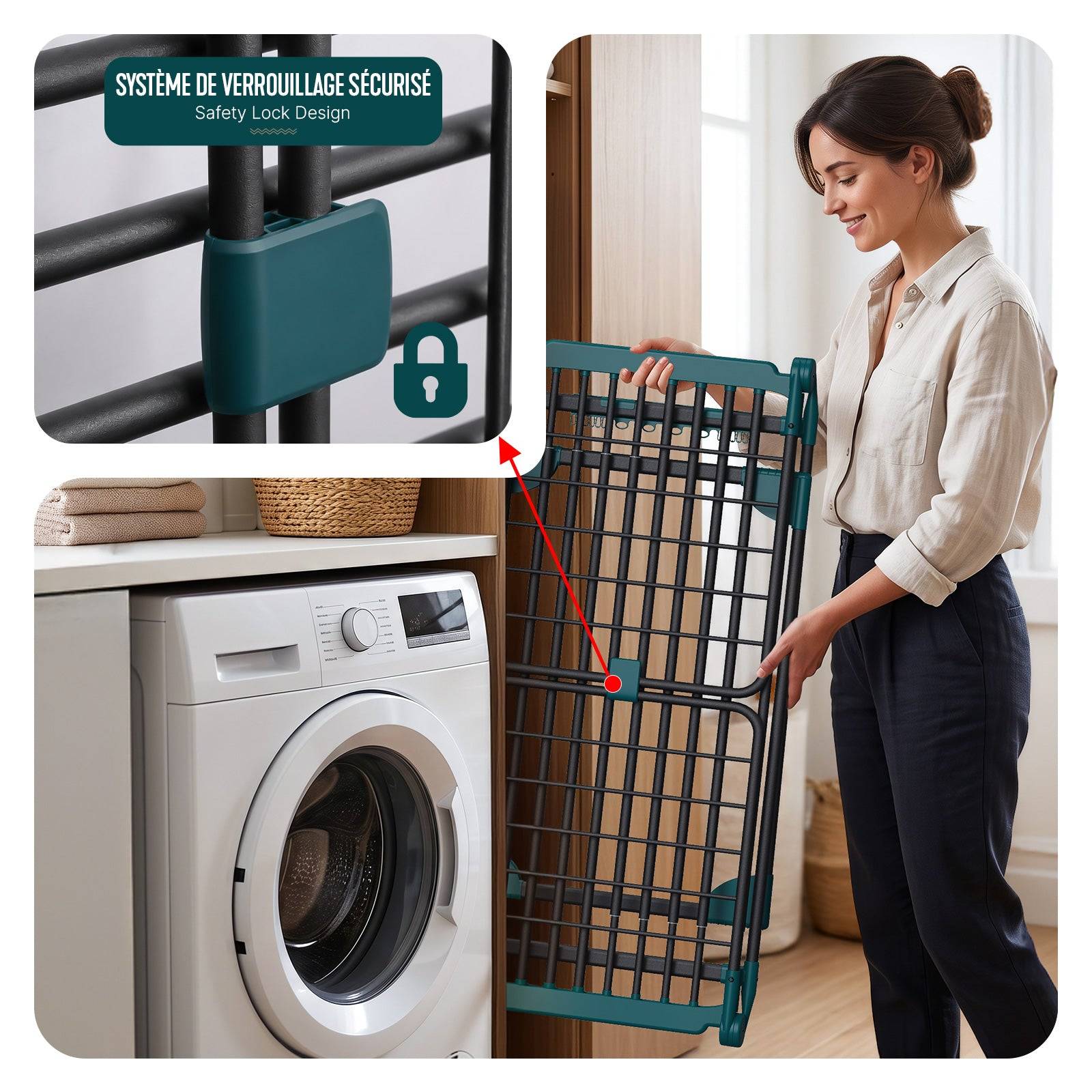 Vounot - Étendoir à linge extensible pliable métal renforcée 284x55x122cm, Séchoir télescopique grande capacité, Noir, VOUNOT® - Image 7