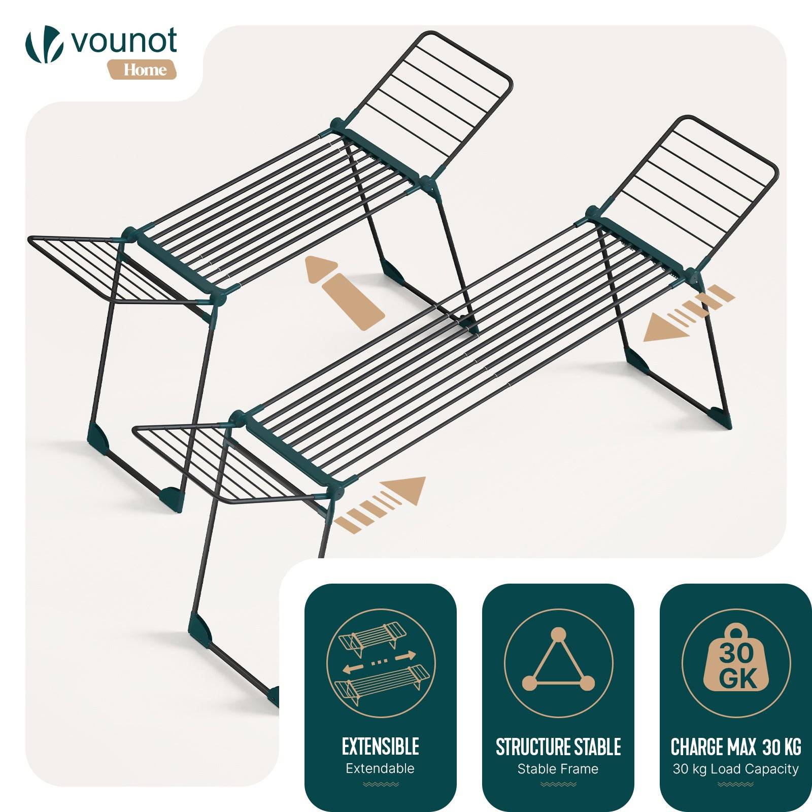 Vounot - Étendoir à linge extensible pliable métal renforcée 284x55x122cm, Séchoir télescopique grande capacité, Noir, VOUNOT® - Image 4