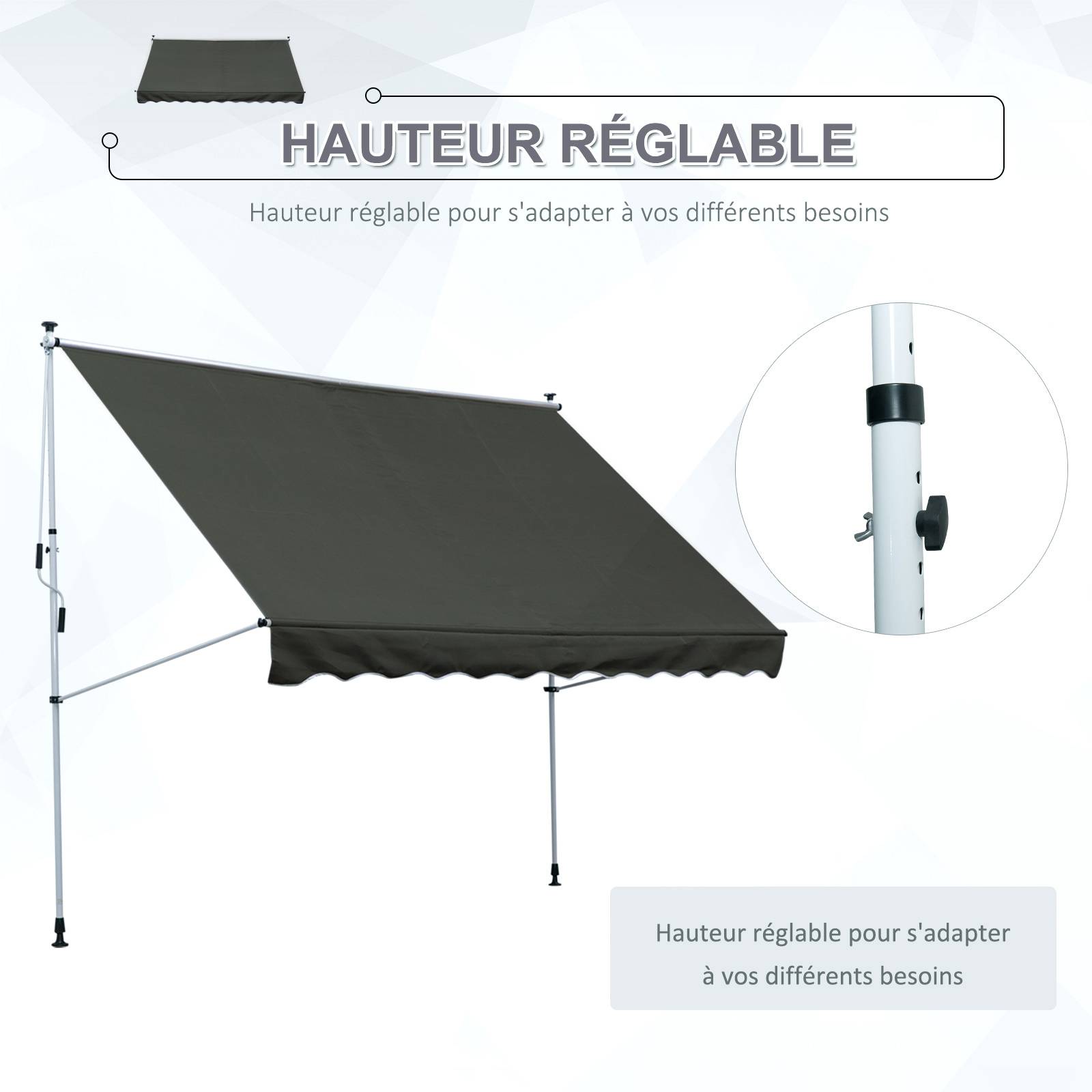 Outsunny - Auvent Téléscopique Manuel 3x1.5m sans Perçage Inclinaison Hauteur réglable Installation Rapide alu Polyester Anti-UV Gris - Outsunny - Image 7