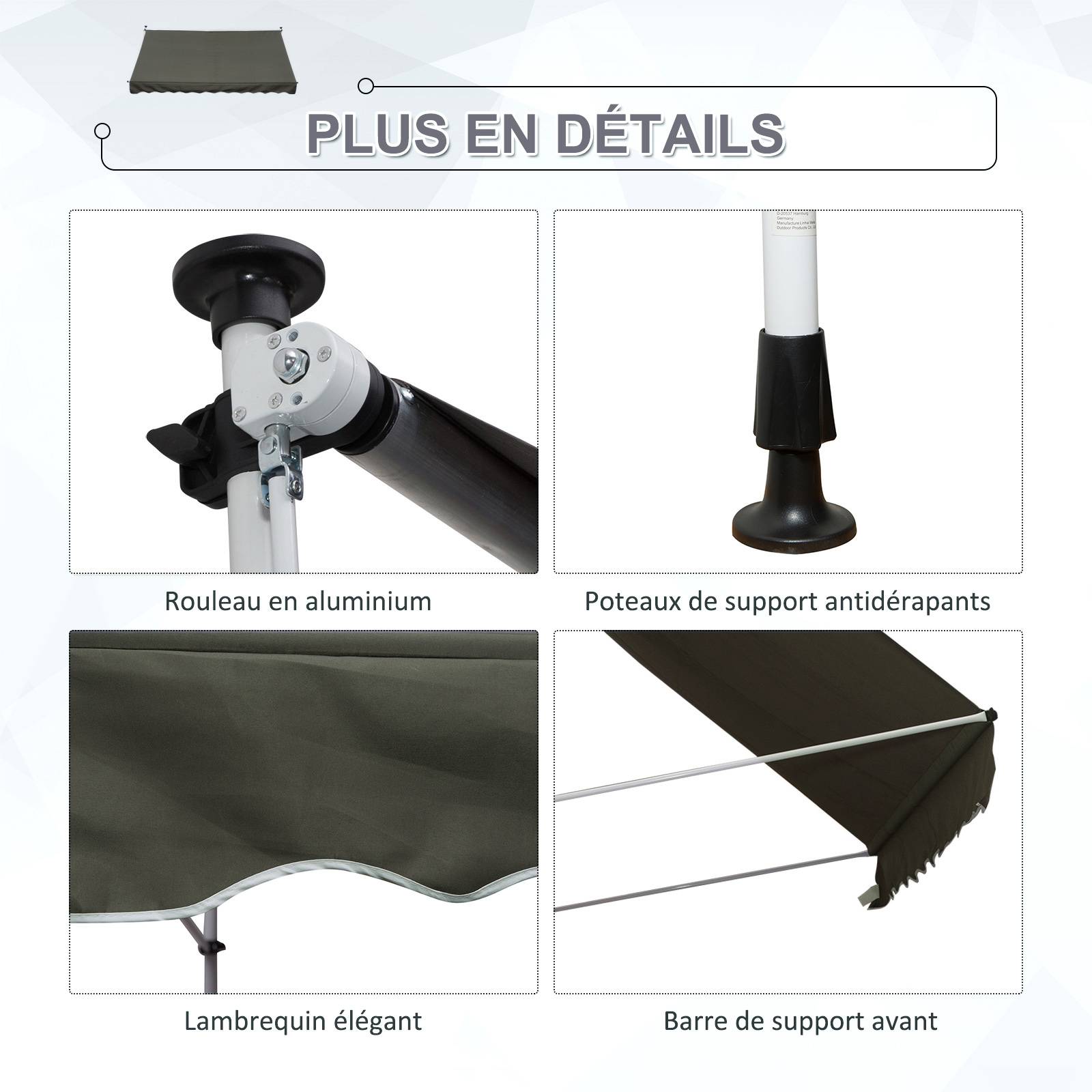 Outsunny - Auvent Téléscopique Manuel 3x1.5m sans Perçage Inclinaison Hauteur réglable Installation Rapide alu Polyester Anti-UV Gris - Outsunny - Image 5