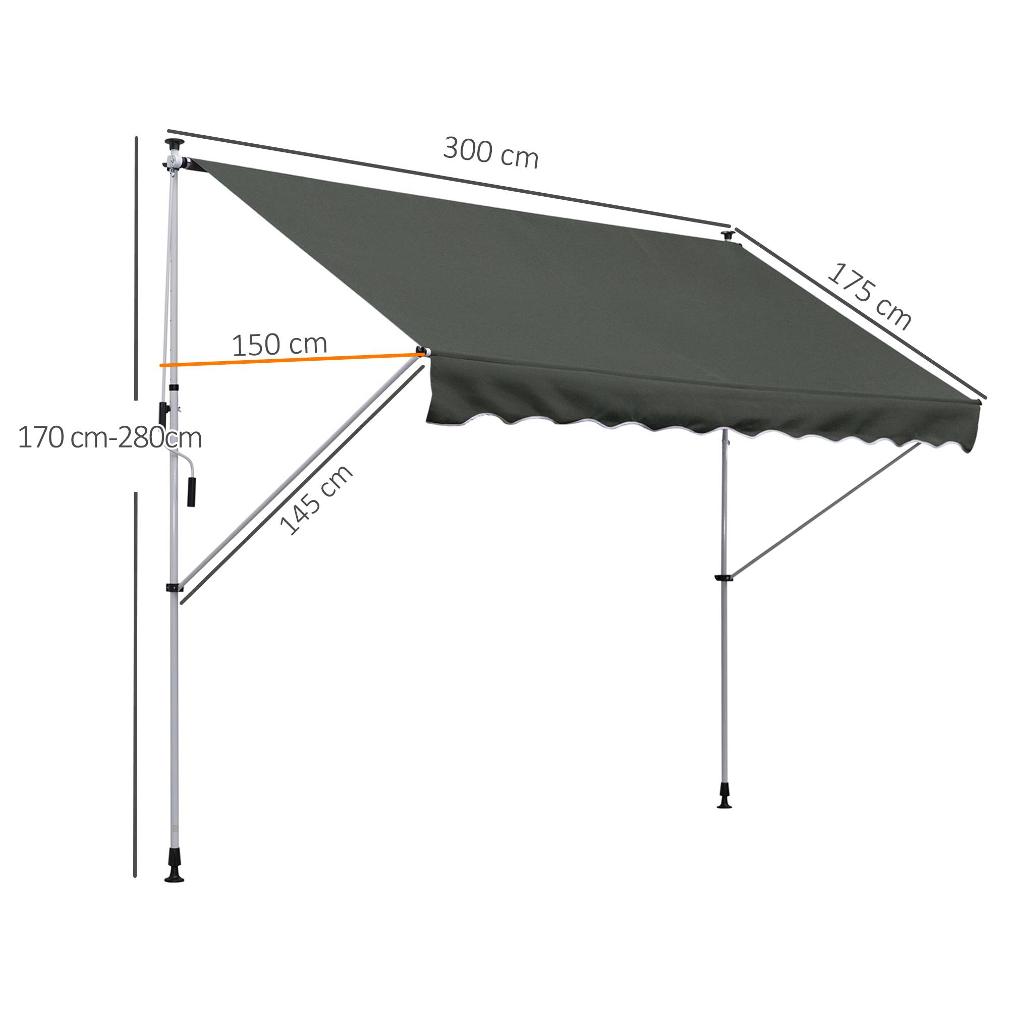 Outsunny - Auvent Téléscopique Manuel 3x1.5m sans Perçage Inclinaison Hauteur réglable Installation Rapide alu Polyester Anti-UV Gris - Outsunny - Image 3