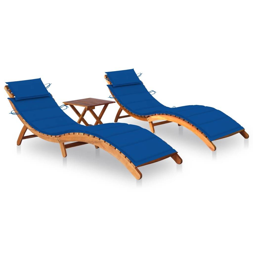 Helloshop26 - Lot de 2 transats chaise longue bain de soleil lit de jardin terrasse meuble d'extérieur avec table et coussins acacia solide - Imagen 1