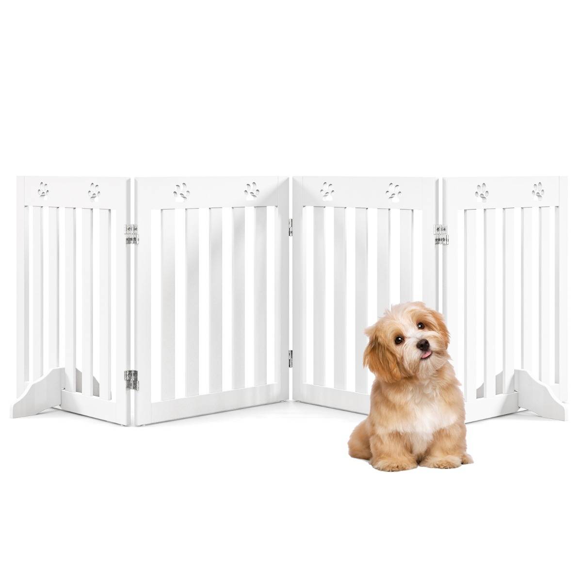 Barrière de Sécurité en Bois pour Chiens avec Charnières Flexibles à 360° et 4 Panneux 60CM Blanc