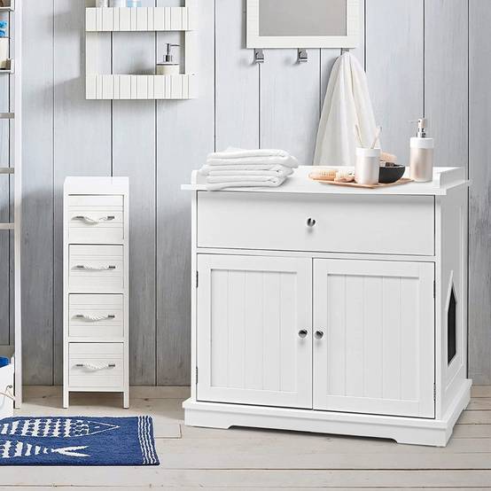 Enceinte de Bac à Litière pour Chat Meubles de Toilette Cachés pour Chat avec Tiroir et 2 Portes Table d'Appoint pour Chat - Image 4