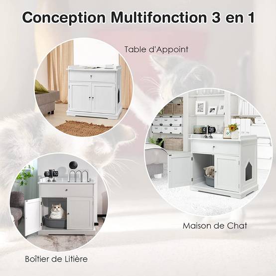 Enceinte de Bac à Litière pour Chat Meubles de Toilette Cachés pour Chat avec Tiroir et 2 Portes Table d'Appoint pour Chat - Image 6