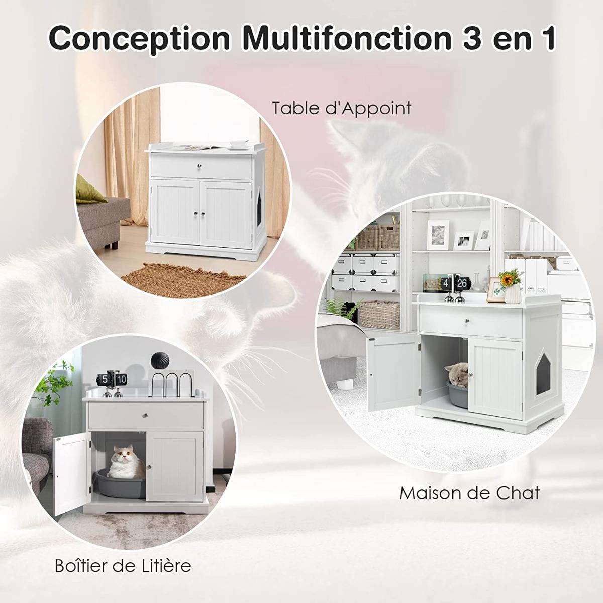 Enceinte de Bac à Litière pour Chat Meubles de Toilette Cachés pour Chat avec Tiroir et 2 Portes Table d'Appoint pour Chat - Image 6