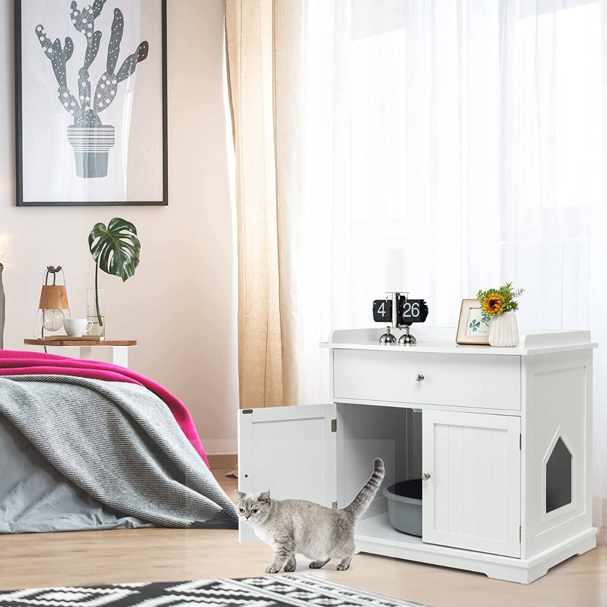 Enceinte de Bac à Litière pour Chat Meubles de Toilette Cachés pour Chat avec Tiroir et 2 Portes Table d'Appoint pour Chat - Image 3