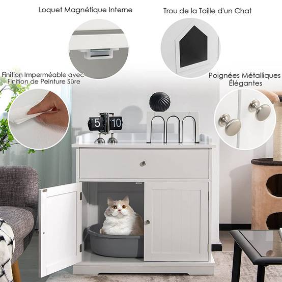 Enceinte de Bac à Litière pour Chat Meubles de Toilette Cachés pour Chat avec Tiroir et 2 Portes Table d'Appoint pour Chat - Image 5