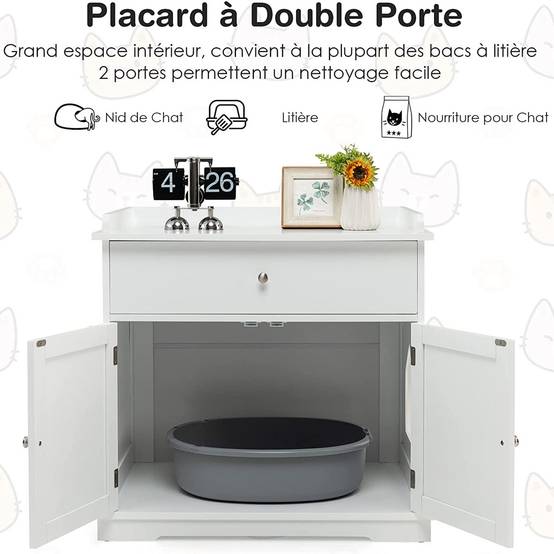 Enceinte de Bac à Litière pour Chat Meubles de Toilette Cachés pour Chat avec Tiroir et 2 Portes Table d'Appoint pour Chat - Image 7