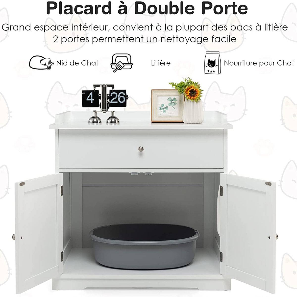 Enceinte de Bac à Litière pour Chat Meubles de Toilette Cachés pour Chat avec Tiroir et 2 Portes Table d'Appoint pour Chat - Image 7