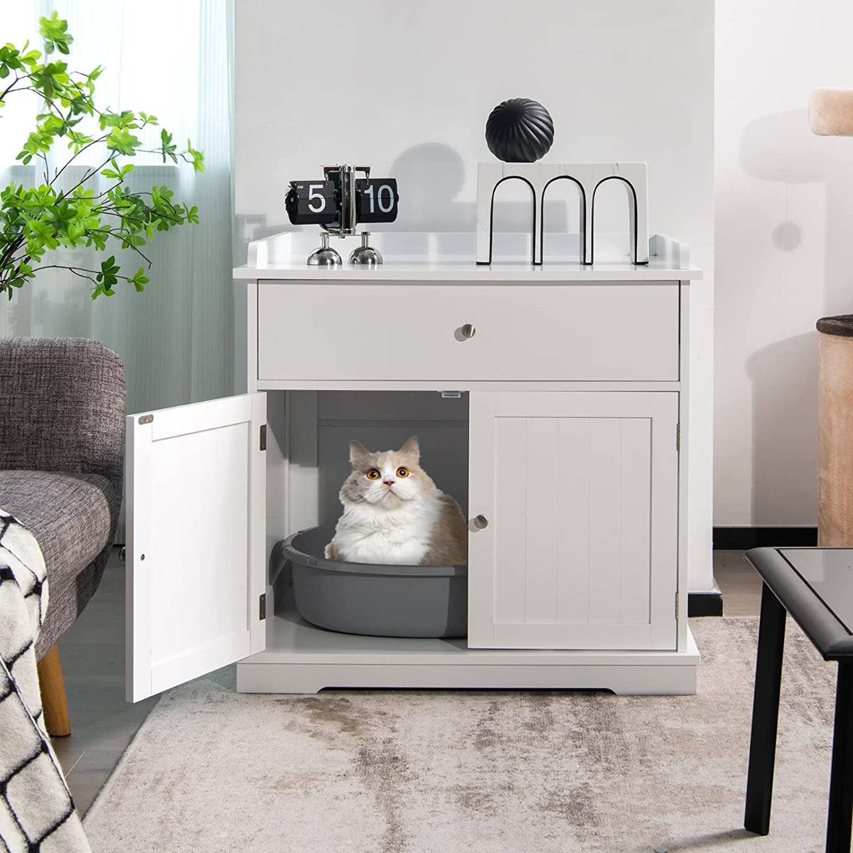 Enceinte de Bac à Litière pour Chat Meubles de Toilette Cachés pour Chat avec Tiroir et 2 Portes Table d'Appoint pour Chat - Image 2