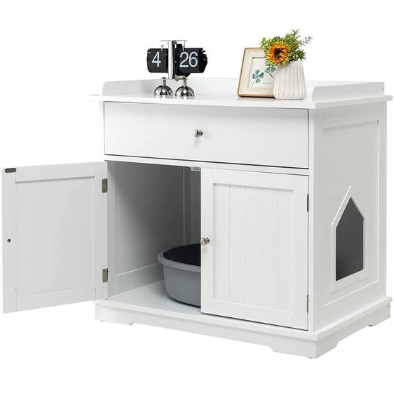 Enceinte de Bac à Litière pour Chat Meubles de Toilette Cachés pour Chat avec Tiroir et 2 Portes Table d'Appoint pour Chat - Image 1