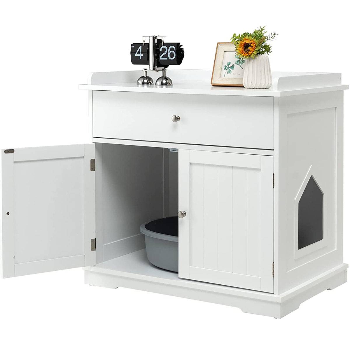 Enceinte de Bac à Litière pour Chat Meubles de Toilette Cachés pour Chat avec Tiroir et 2 Portes Table d'Appoint pour Chat - Image 1