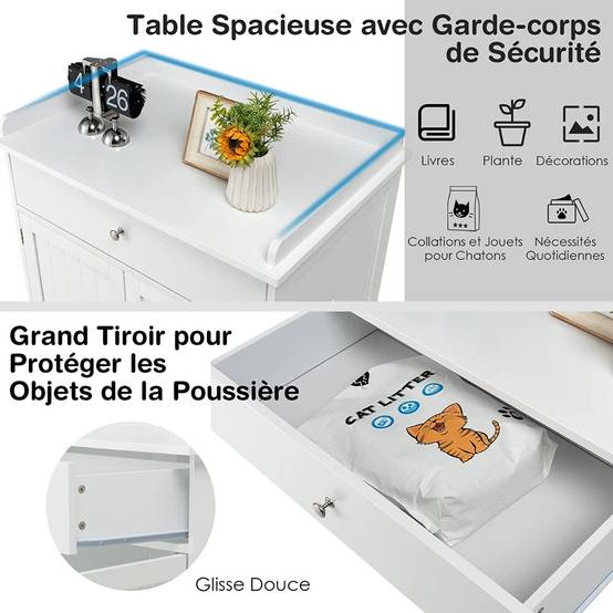 Enceinte de Bac à Litière pour Chat Meubles de Toilette Cachés pour Chat avec Tiroir et 2 Portes Table d'Appoint pour Chat - Image 8