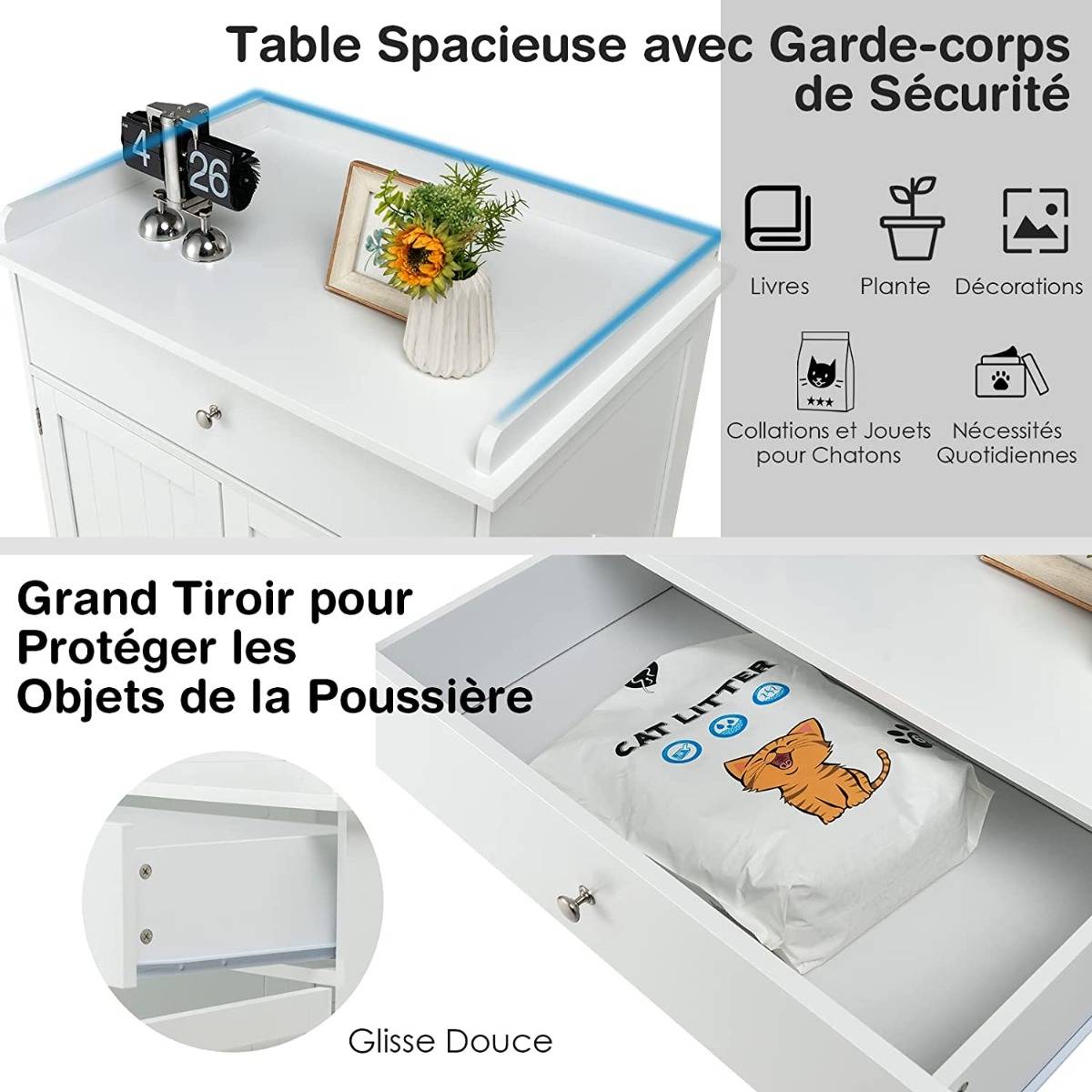 Enceinte de Bac à Litière pour Chat Meubles de Toilette Cachés pour Chat avec Tiroir et 2 Portes Table d'Appoint pour Chat - Image 8