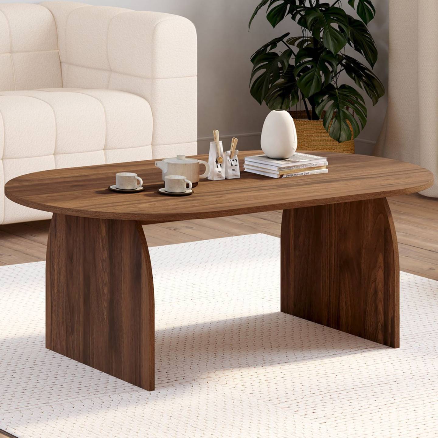 Table basse japandi ovale EDITH 110 cm bois effet noyer - Image 1