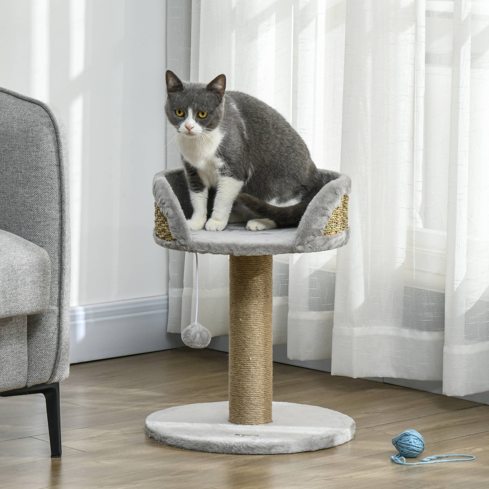 Arbre à chat panneaux de particules intérieur jeu pompon suspendu 40x40x49cm gris - ComfortXL Outdoor Living - Image 3