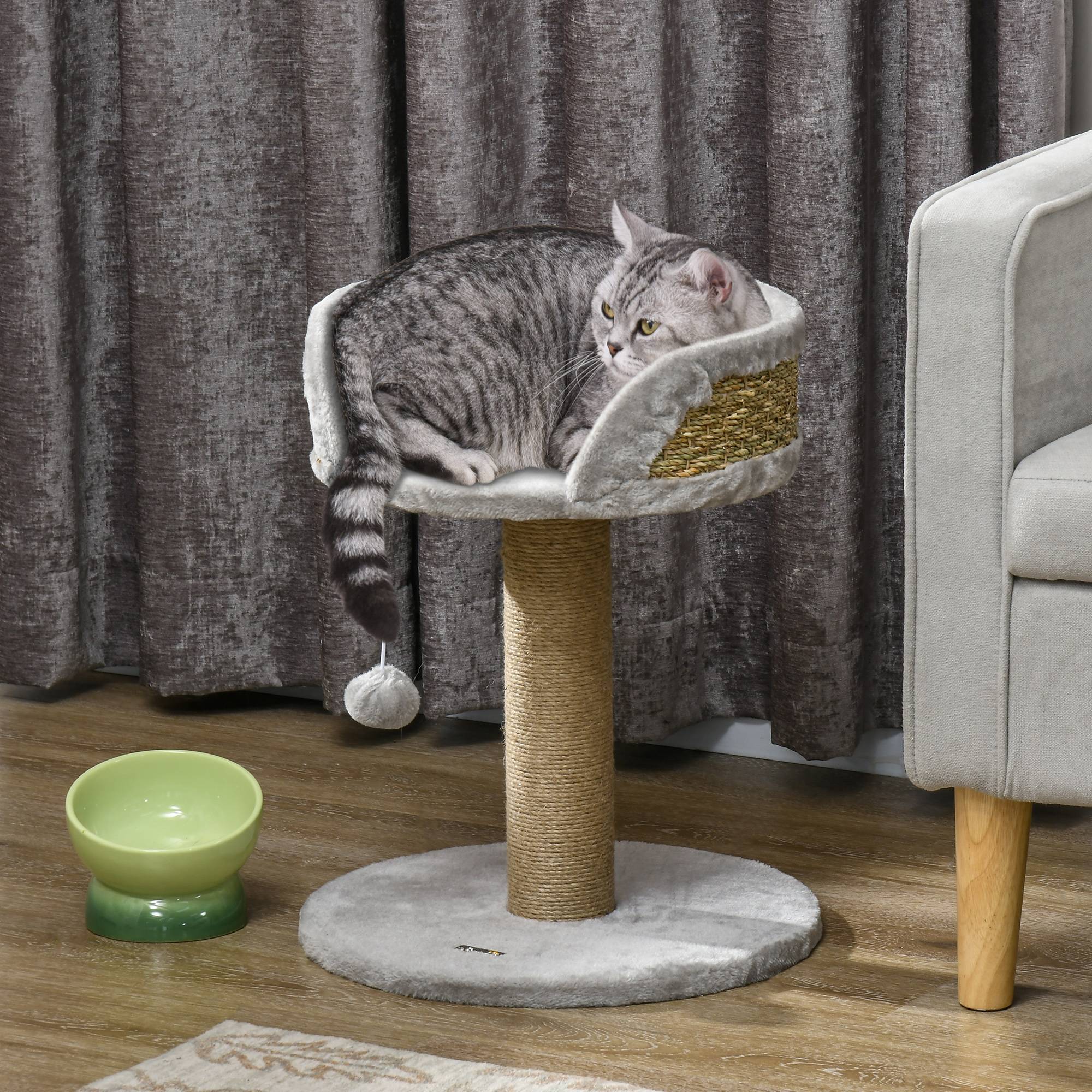 Arbre à chat panneaux de particules intérieur jeu pompon suspendu 40x40x49cm gris - ComfortXL Outdoor Living - Image 4