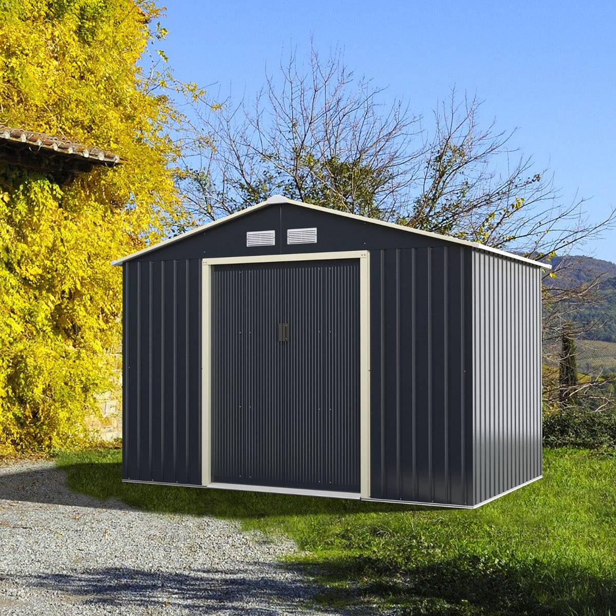 Helloshop26 - Abri de jardin en métal 5,29 ㎡ 277 x 191 x 202 cm avec 2 portes coulissantes verrouillables 4 trous d’aération pour vélo gris - Imagen 2