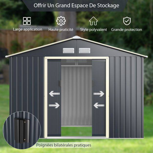 Helloshop26 - Abri de jardin en métal 5,29 ㎡ 277 x 191 x 202 cm avec 2 portes coulissantes verrouillables 4 trous d’aération pour vélo gris - Imagen 4