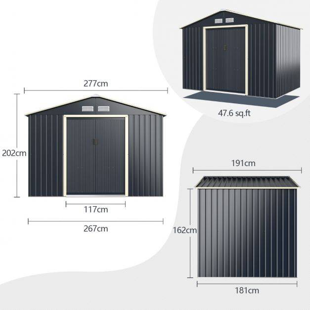 Helloshop26 - Abri de jardin en métal 5,29 ㎡ 277 x 191 x 202 cm avec 2 portes coulissantes verrouillables 4 trous d’aération pour vélo gris - Imagen 5