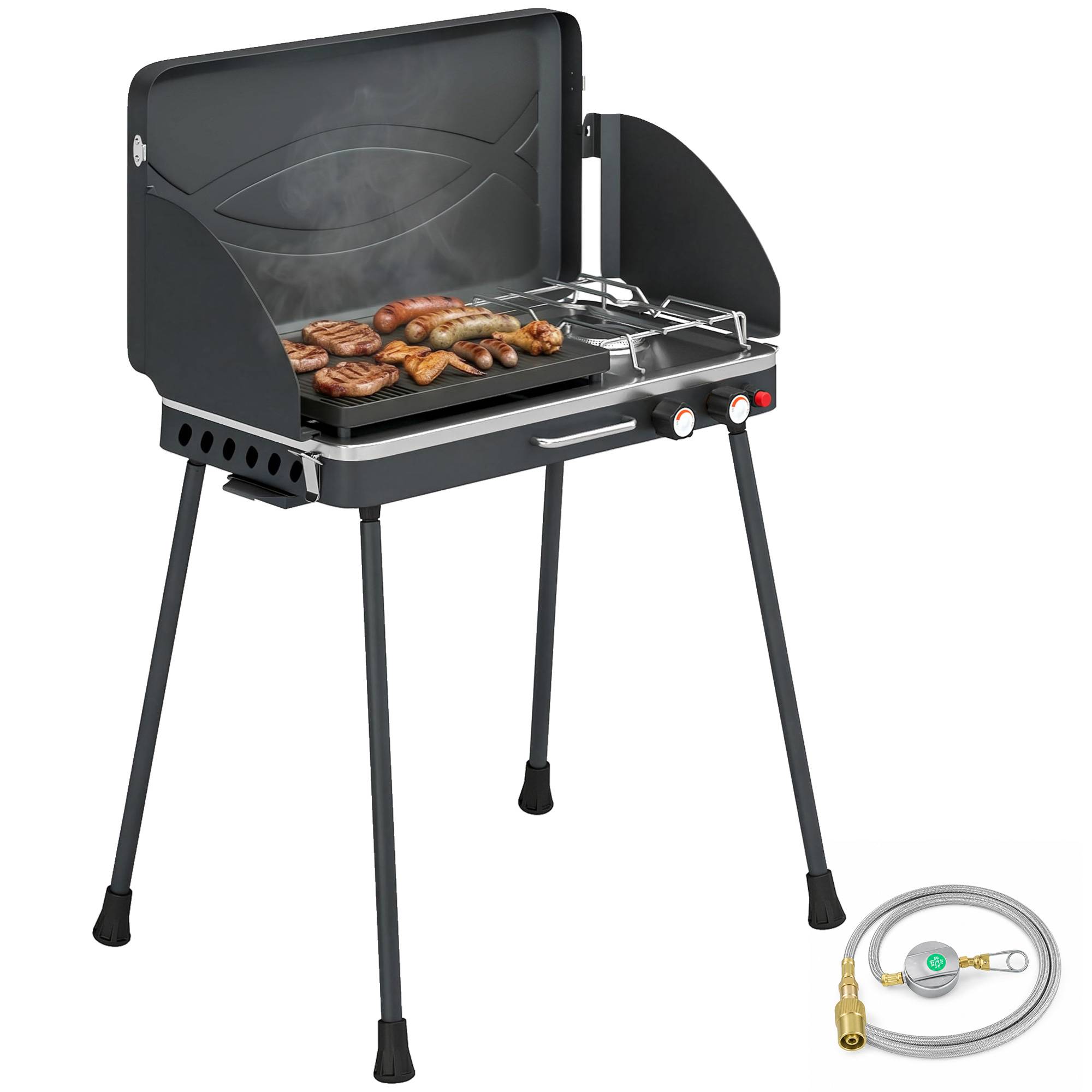 Sans Marque - Barbacoa Gas Portátil 2en1 Propano 7kW de Mesa ou Pie avec Plancha Grande Patas Démontebles Negro