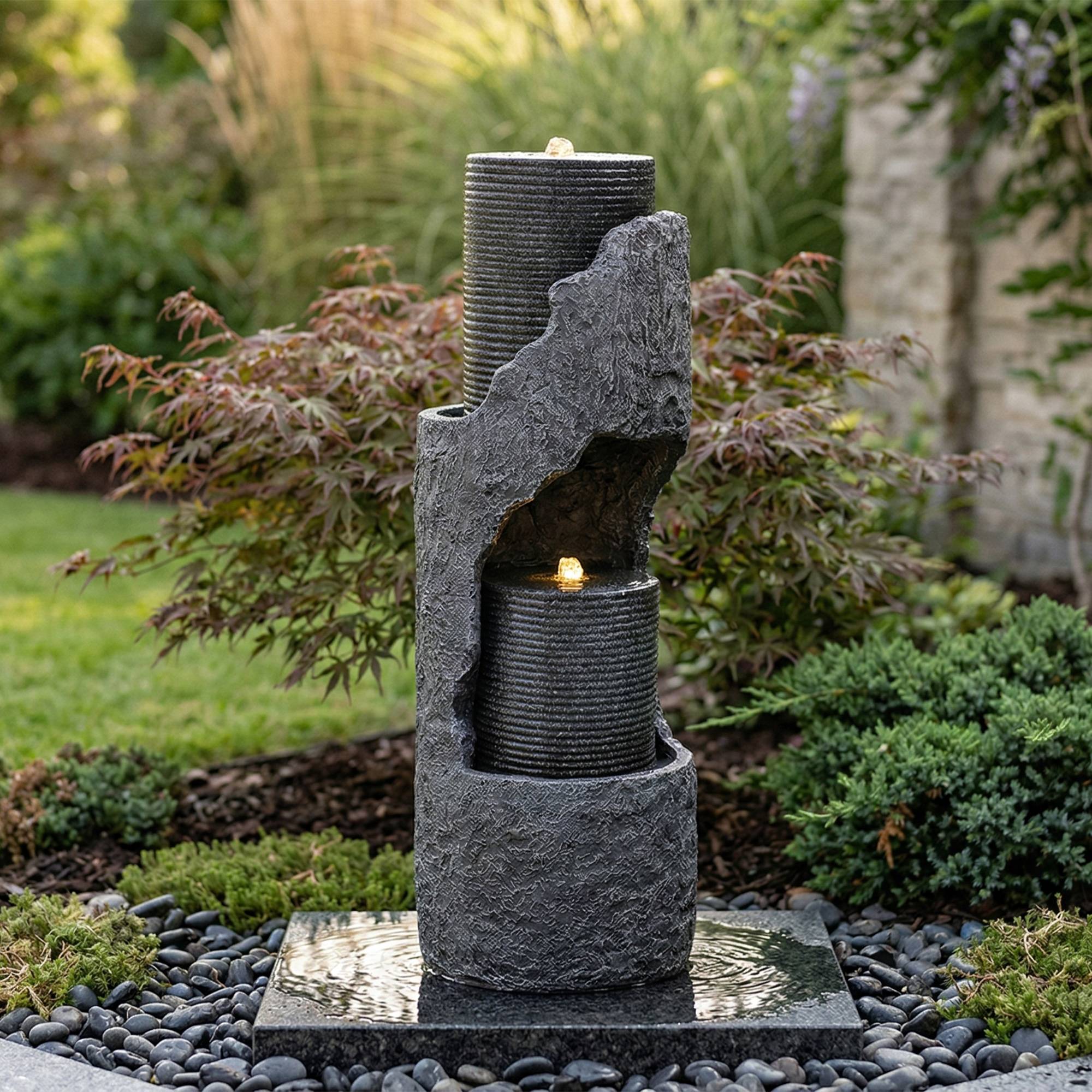 Fontaine de jardin aspect pierre en résine pour terrasse éclairage LED 100cm Gris - ComfortXL Outdoor Living - Image 1