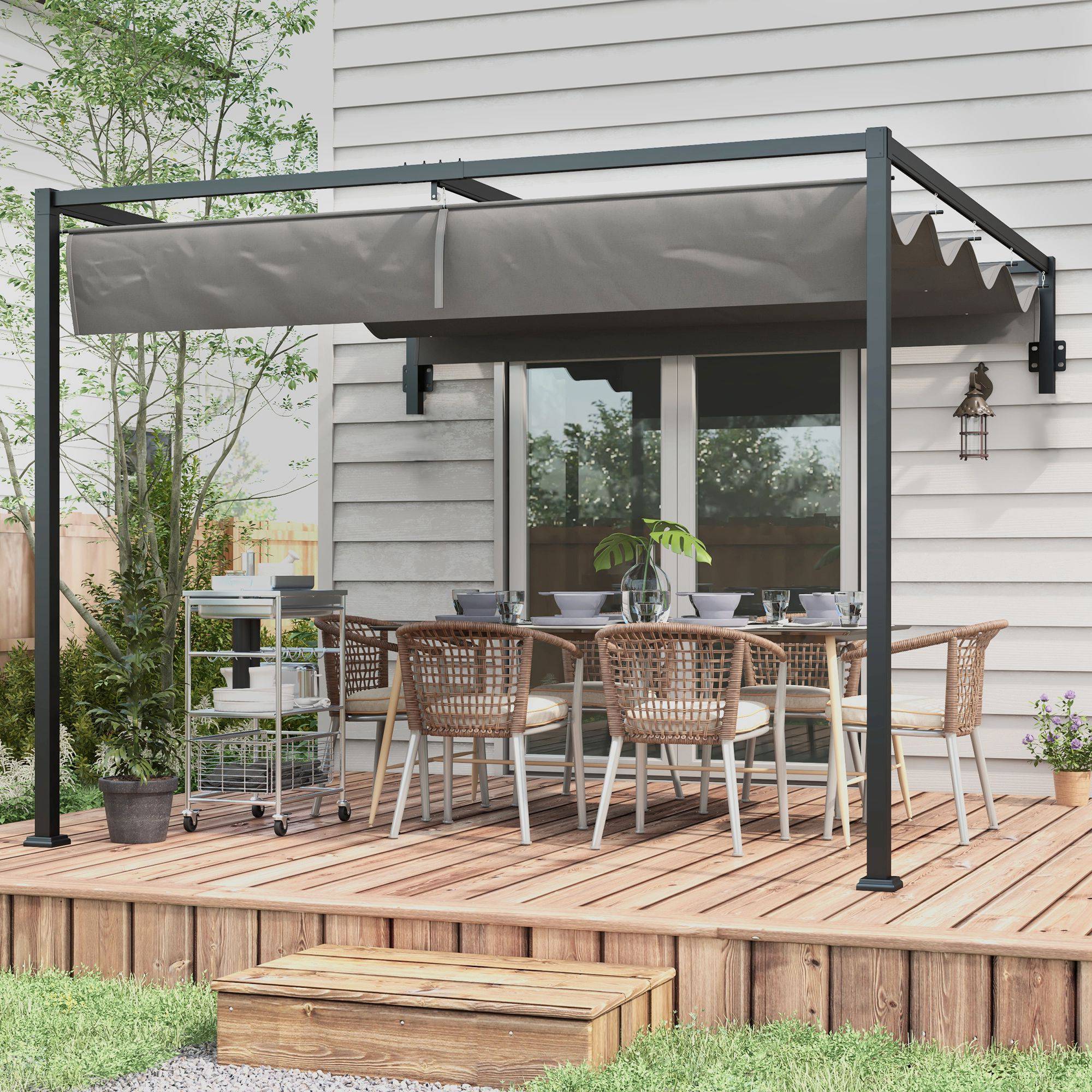 Pergola Adossée Acier Terrasse Toit Rétractable Drainage 3x4m Gris Foncé - ComfortXL Outdoor Living - Image 10