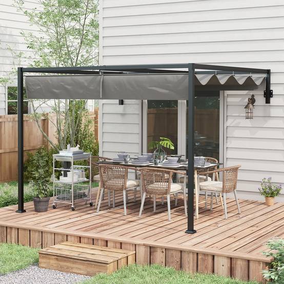 Pergola Adossée Acier Terrasse Toit Rétractable Drainage 3x4m Gris Foncé - ComfortXL Outdoor Living - Image 3