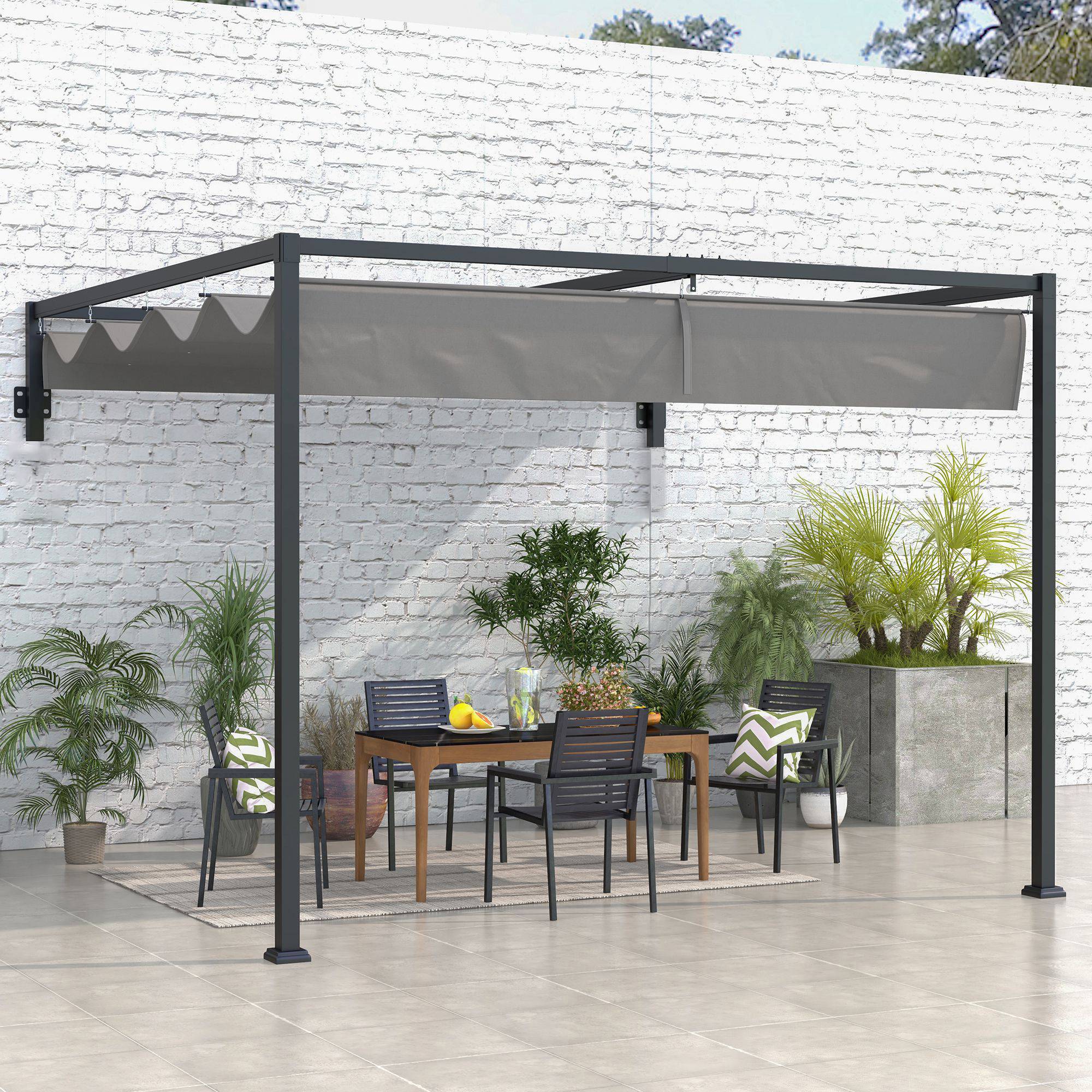 Pergola Adossée Acier Terrasse Toit Rétractable Drainage 3x4m Gris Foncé - ComfortXL Outdoor Living - Image 4