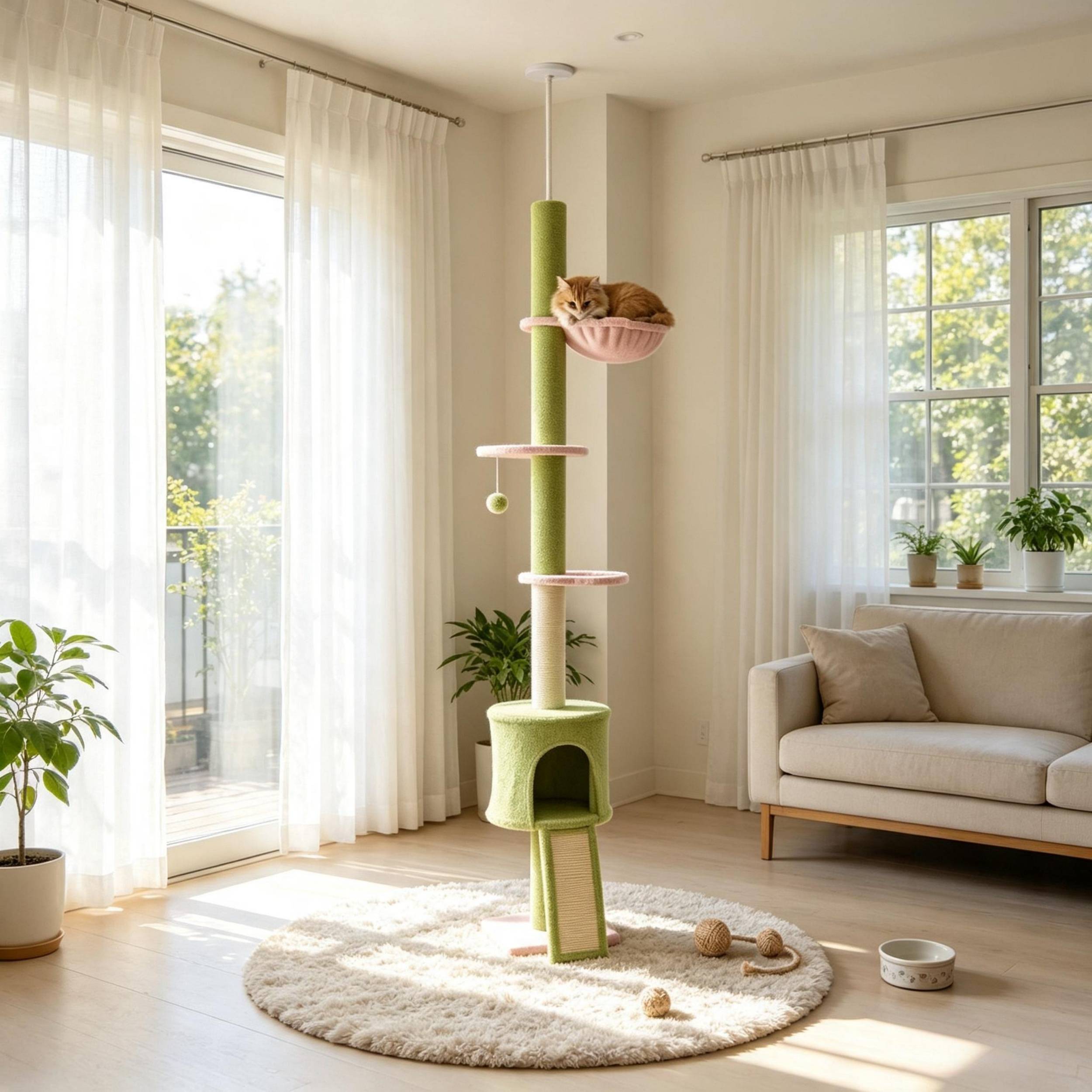Arbre à chat sol-plafond réglable 220-240 cm, plateformes fleurs, poteau sisal, sans hamac vert - Image 1