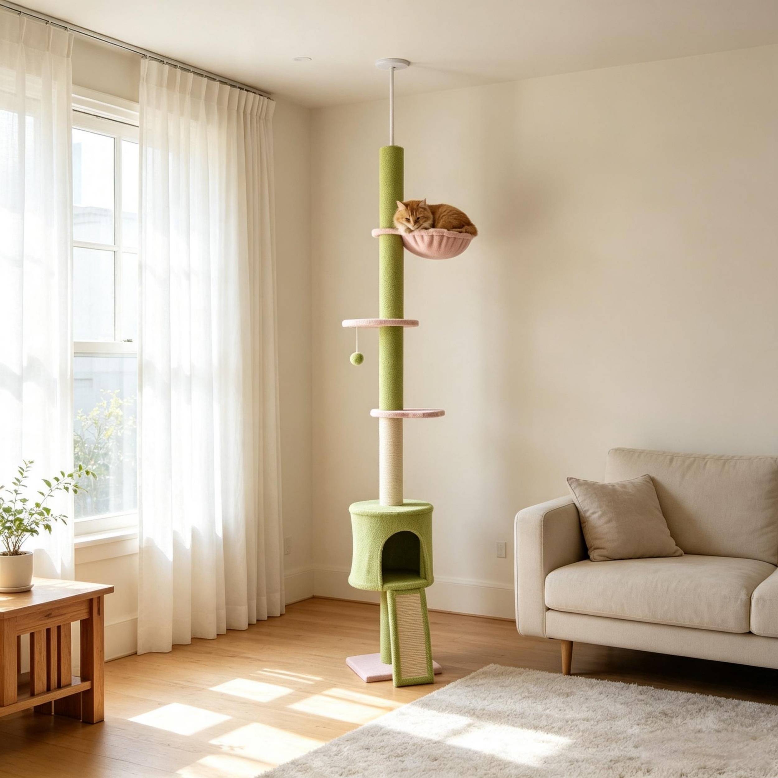 Arbre à chat sol-plafond réglable 220-240 cm, plateformes fleurs, poteau sisal, sans hamac vert - Image 2