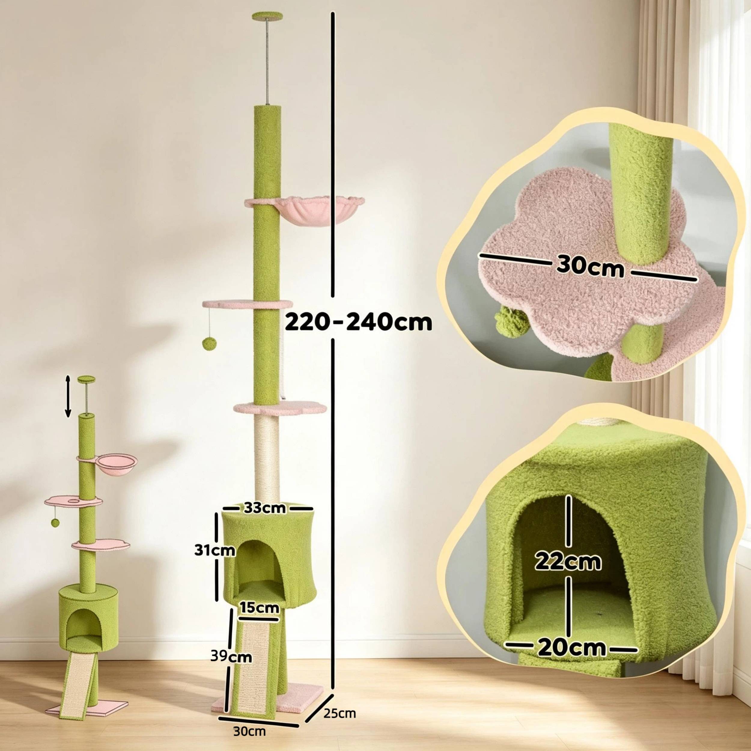 Arbre à chat sol-plafond réglable 220-240 cm, plateformes fleurs, poteau sisal, sans hamac vert - Image 3
