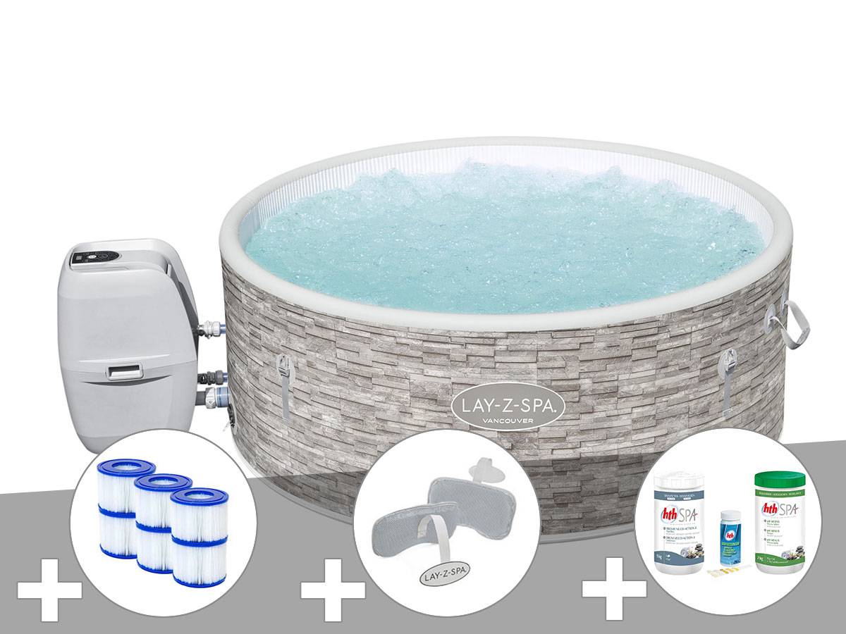 Bestway - Kit spa gonflable Bestway Lay-Z-Spa Vancouver rond Airjet Plus 3/5 places + 6 filtres + Kit traitement brome + 2 appuie-têtes