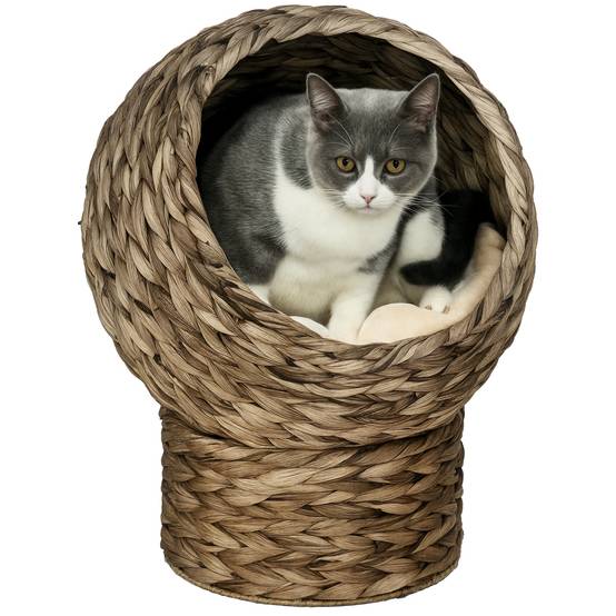 Panier chat en jacinthe d'eau, niche grotte avec coussin, 40x37x51 cm, café - Image 1